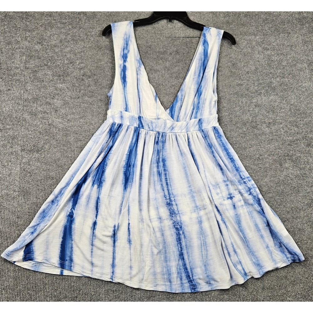 Apt. 9 Blue White Tie Dye V-Neck Empire Waist Rayon Mini Dress L Boho Hippie